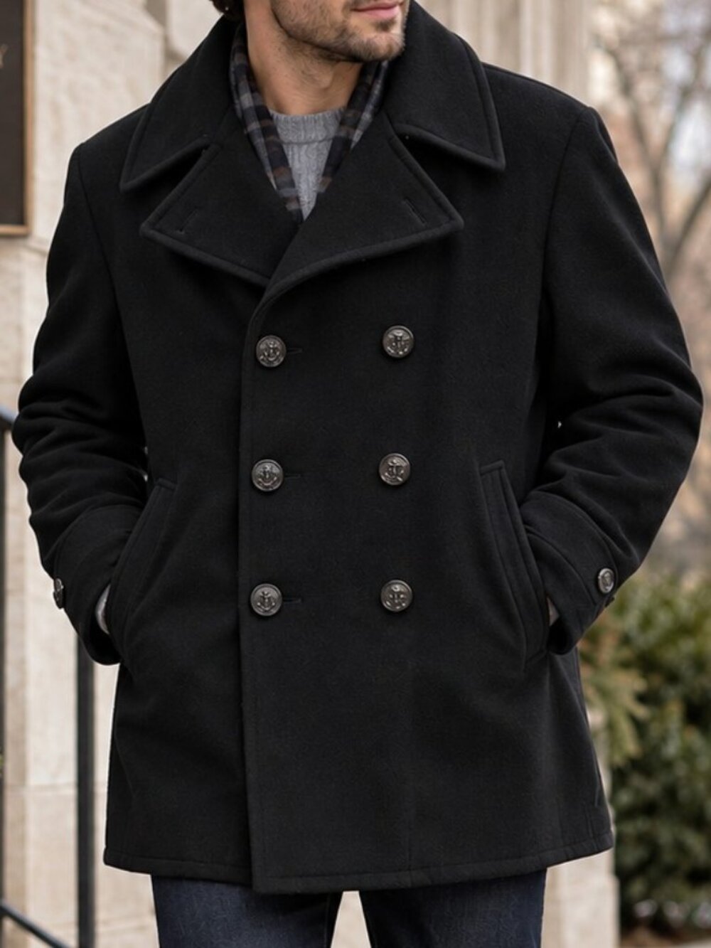 Vintage John Weitz Forstmann Wool Peacoat Mens 46 Black Double Breasted Nautical